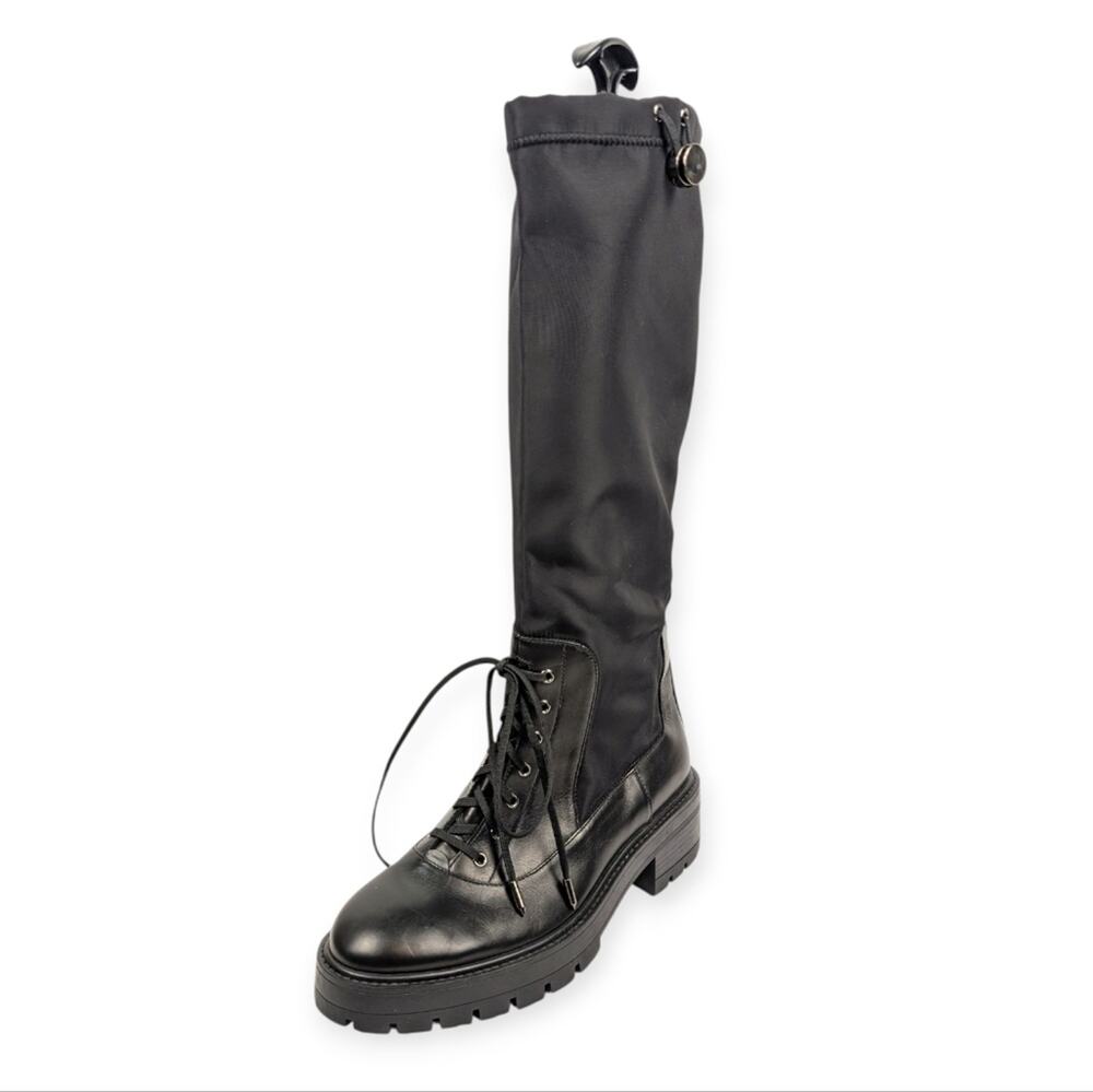 Aquazzura Knee High Boots 8 Black Leather Lace Up Drawstring Designer Luxury